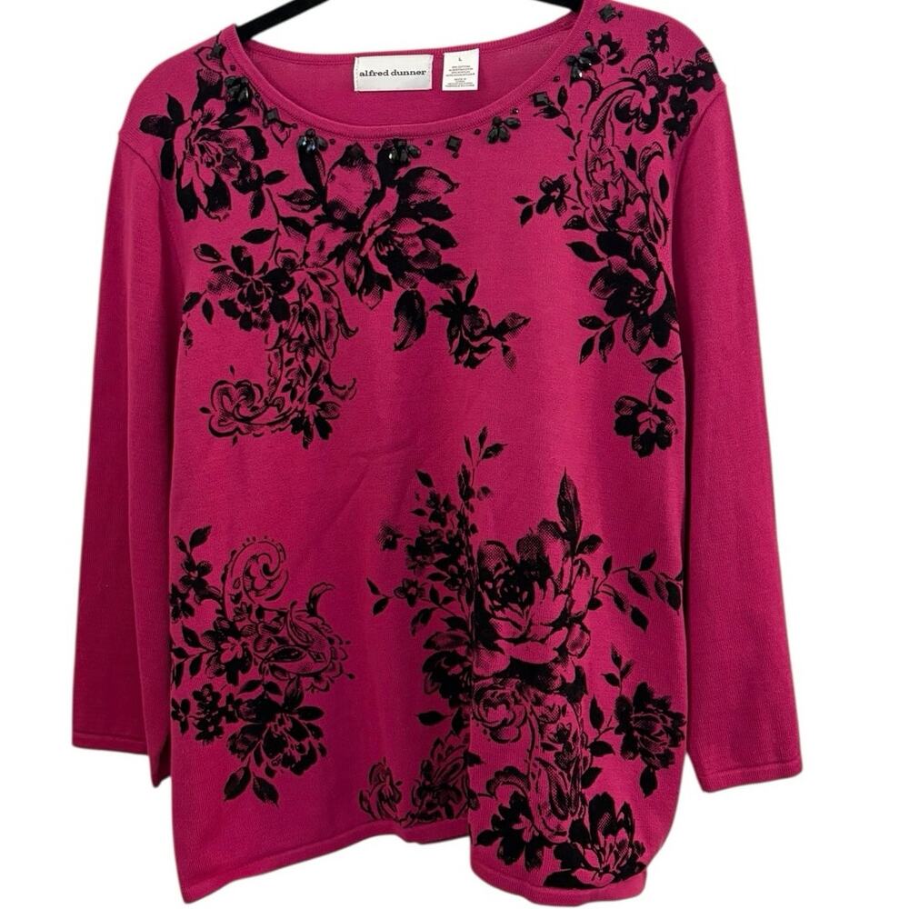 Alfred Dunner Beaded Sweater Pink & Black Cotton Blend L Holidays 3/4 Sleeve